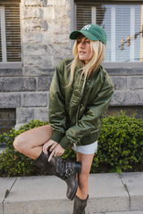 Rylee Satin Bomber Jacket in Green