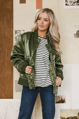 Rylee Satin Bomber Jacket in Green