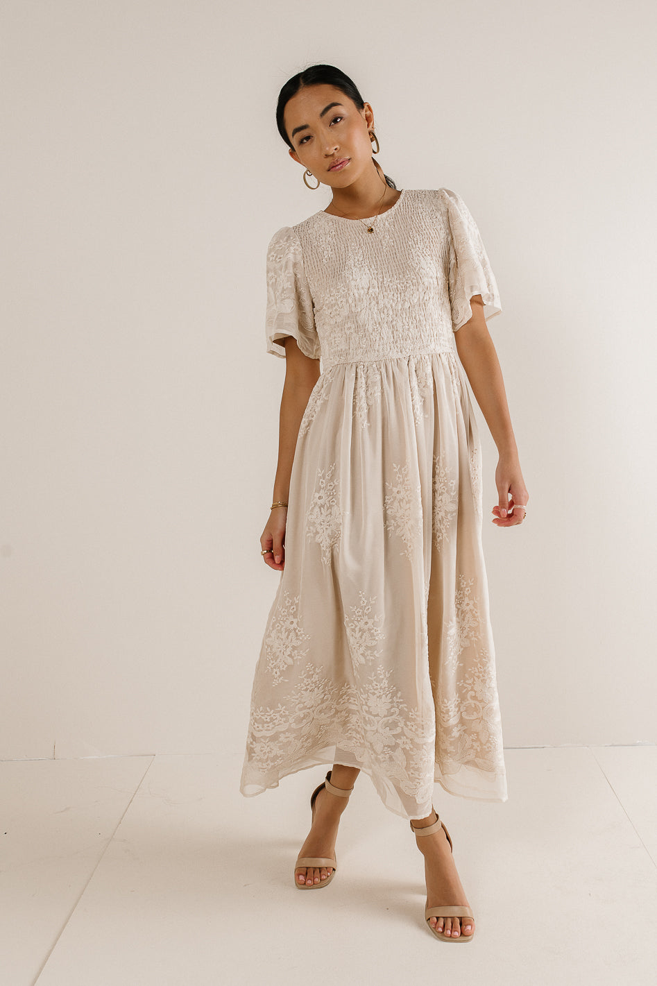 Alora Embroidered Dress in Champagne