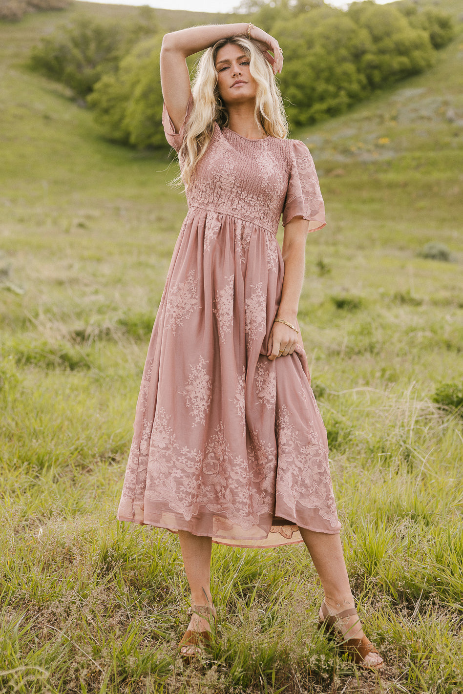 Alora Embroidered Dress in Dusty Rose