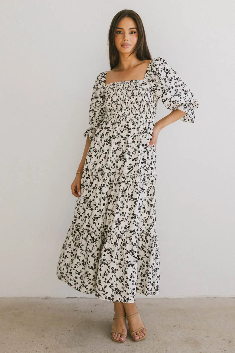 Kiran Floral Midi Dress in Cream