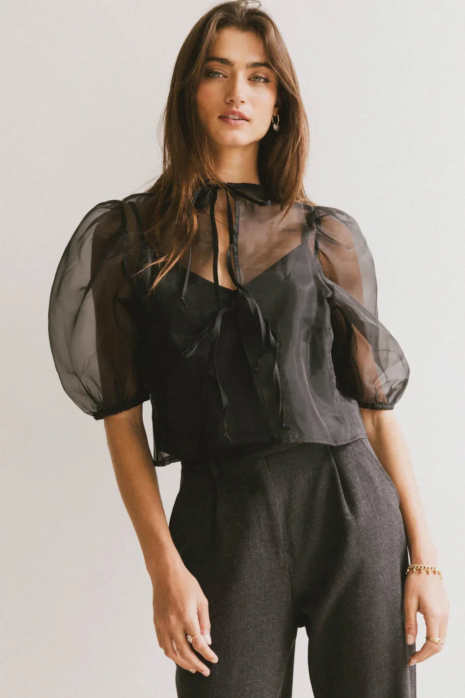 Zuri Sheer Tie Blouse in Black