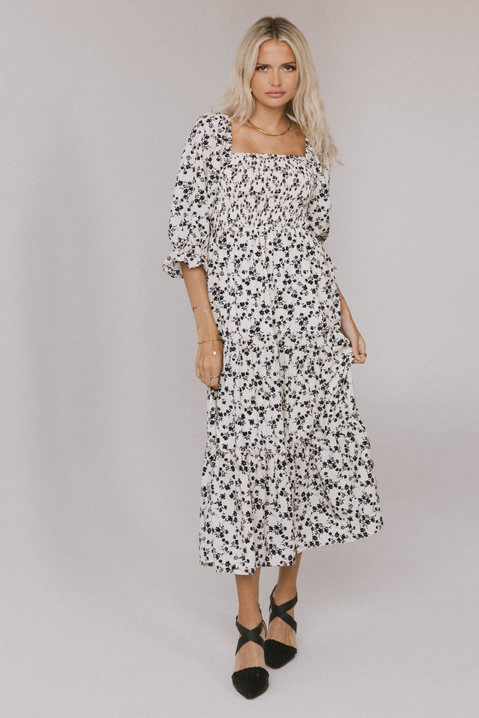 Kiran Floral Midi Dress in Cream