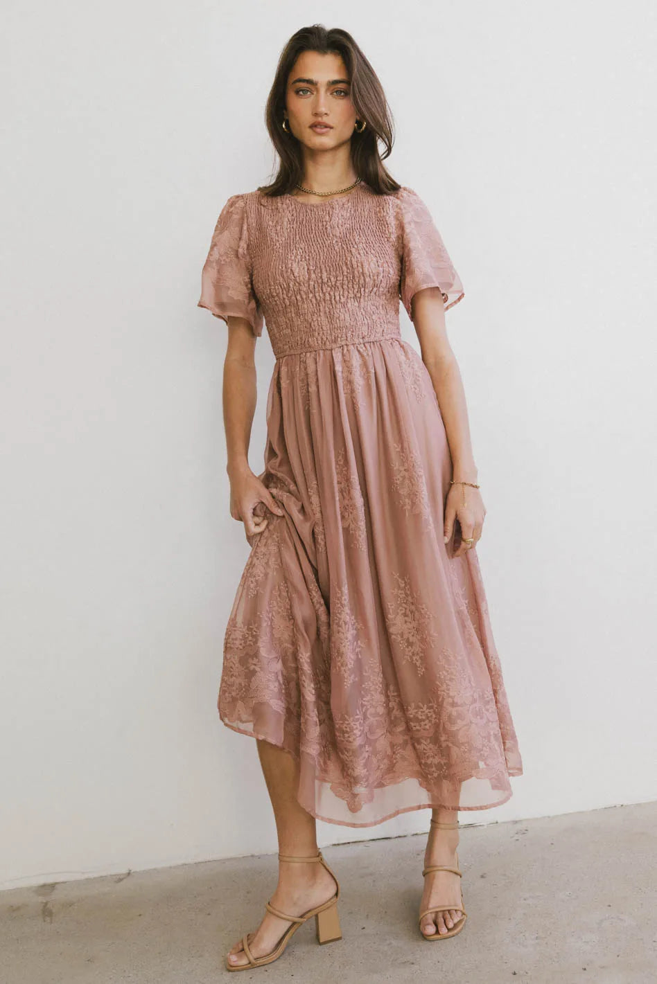 Alora Embroidered Dress in Dusty Rose