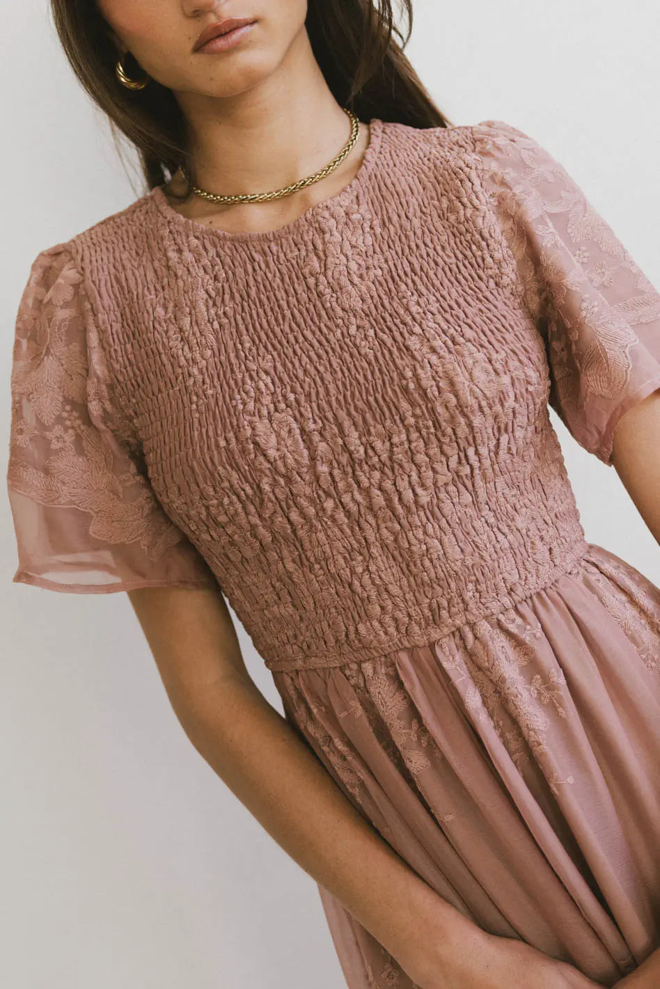 Alora Embroidered Dress in Dusty Rose