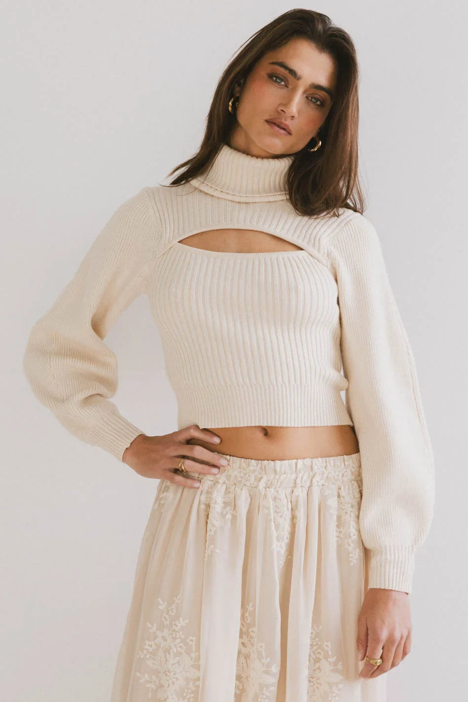 Cut Out Turtleneck Sweater In Cream – Groovy Mimi