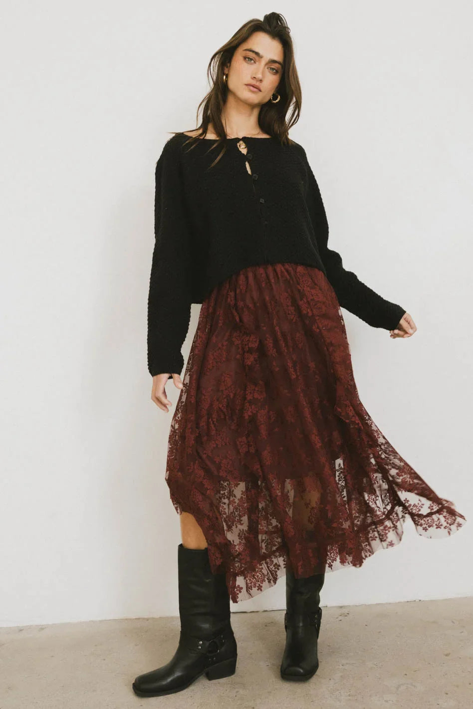 Elsie Lace Midi Skirt in Red-Brown