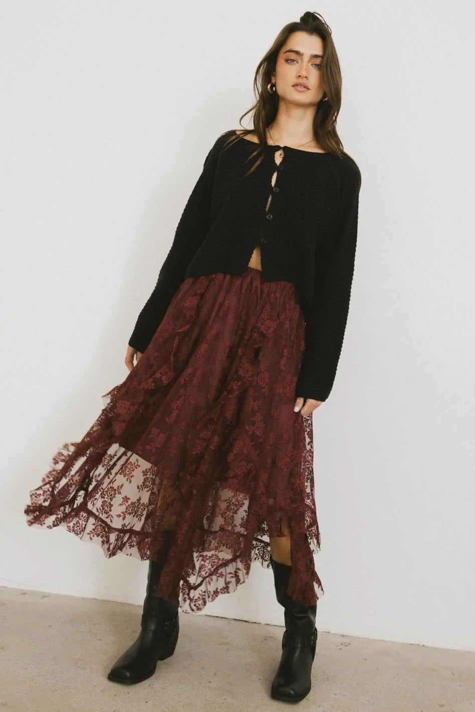 Elsie Lace Midi Skirt in Red-Brown