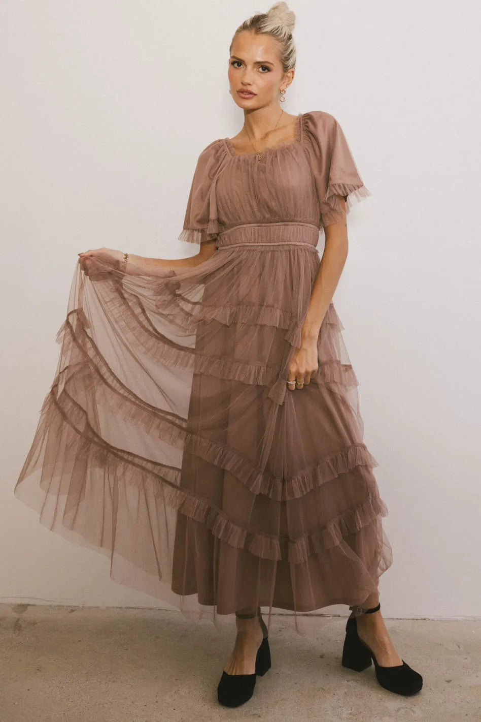 Eugena Ruffled Maxi Dress in Mocha