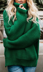 Green Turtleneck Ribbed Knit Sweater