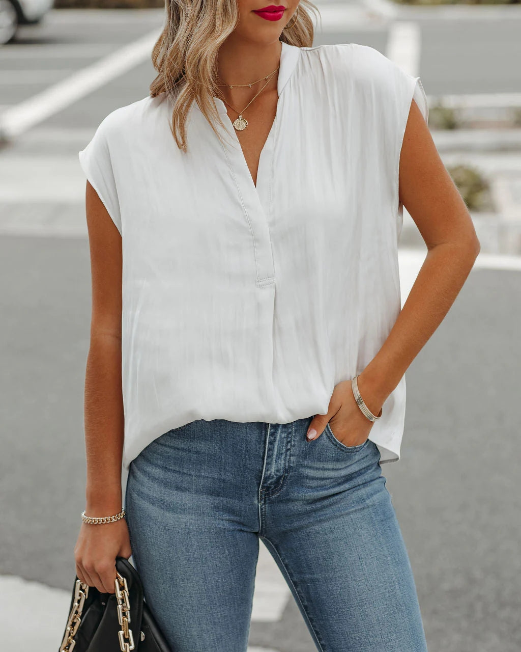 White Satin Button Down Top