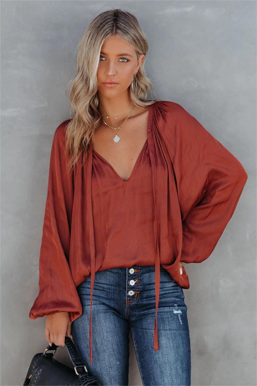 Harrow Satin Split Neck Blouse - Burgundy