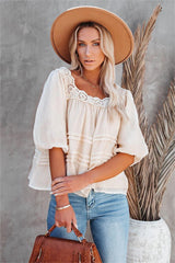 Birds Eye Puff Sleeve Eyelet Babydoll Blouse