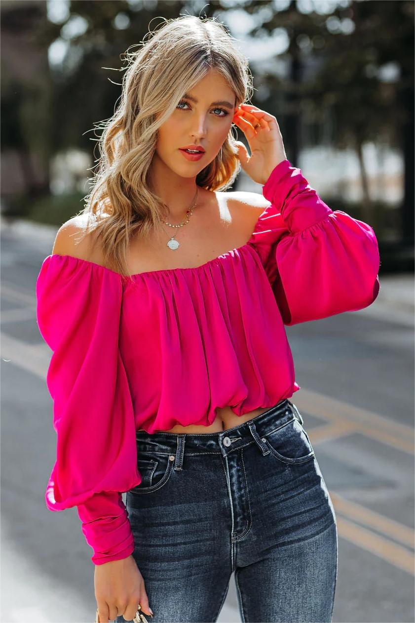 Negin Satin Billowed Crop Blouse - Magenta