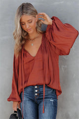 Harrow Satin Split Neck Blouse - Burgundy