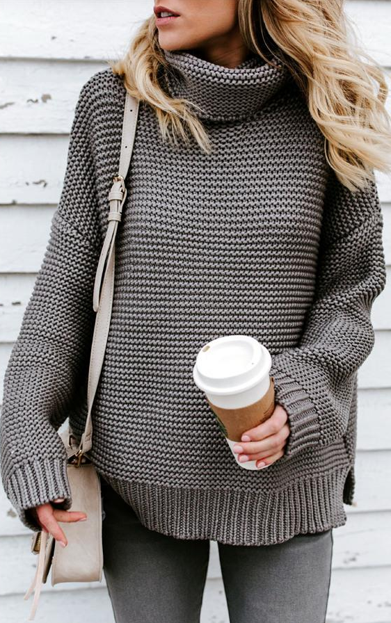 Gray Turtleneck Ribbed Knit Sweater