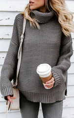 Gray Turtleneck Ribbed Knit Sweater