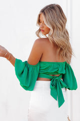 Aspiring Satin Off The Shoulder Crop Top - Green