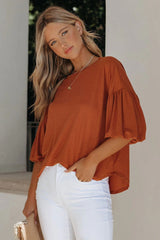 Barb Puff Sleeve Knit Top - Cognac