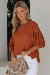 Barb Puff Sleeve Knit Top - Cognac