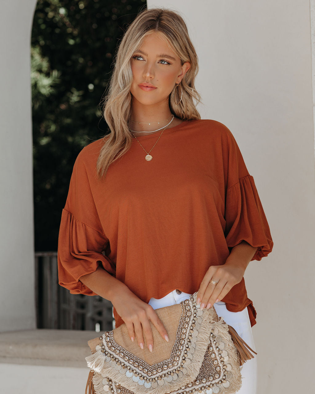 Barb Puff Sleeve Knit Top - Cognac