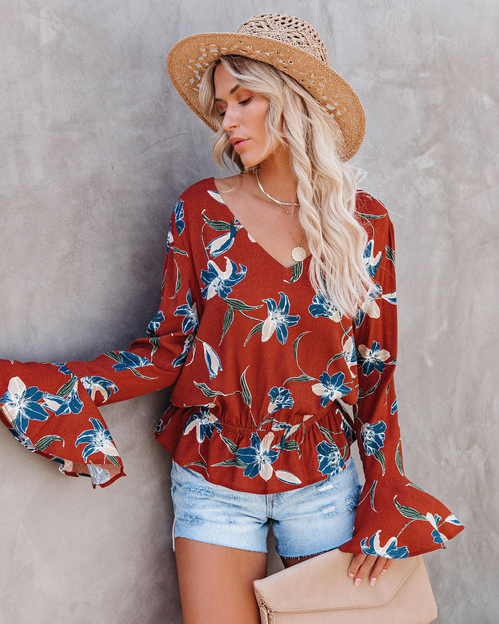 Be At Ease Printed Bell Sleeve Top