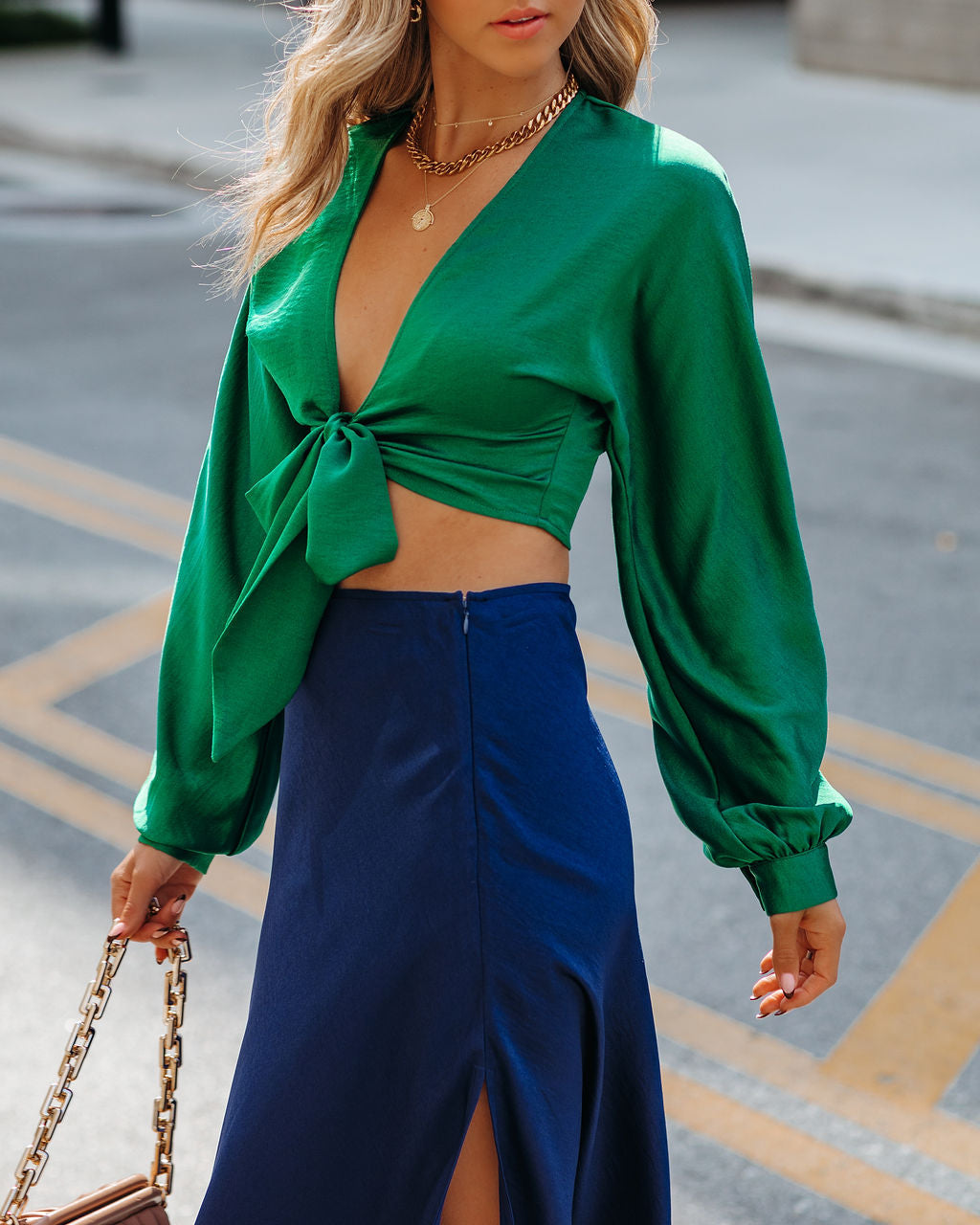 Brenda Satin Tie Front Crop Blouse - Green