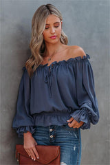 Caydence Chiffon Off The Shoulder Blouse - Dusty Blue - FINAL SALE