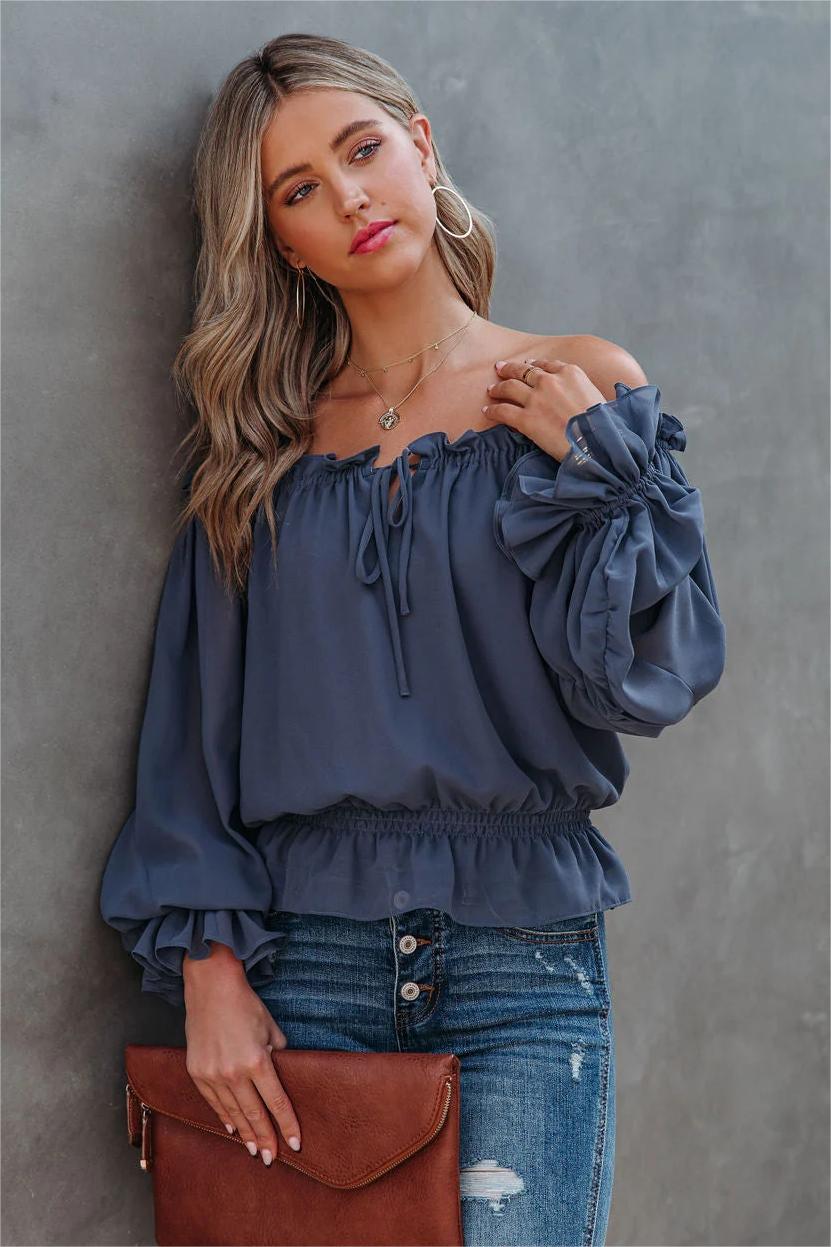 Caydence Chiffon Off The Shoulder Blouse - Dusty Blue - FINAL SALE