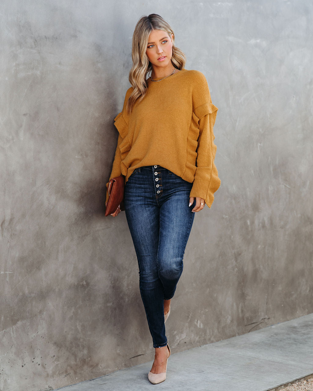 Charleston Ruffle Knit Sweater - Mustard - FINAL SALE