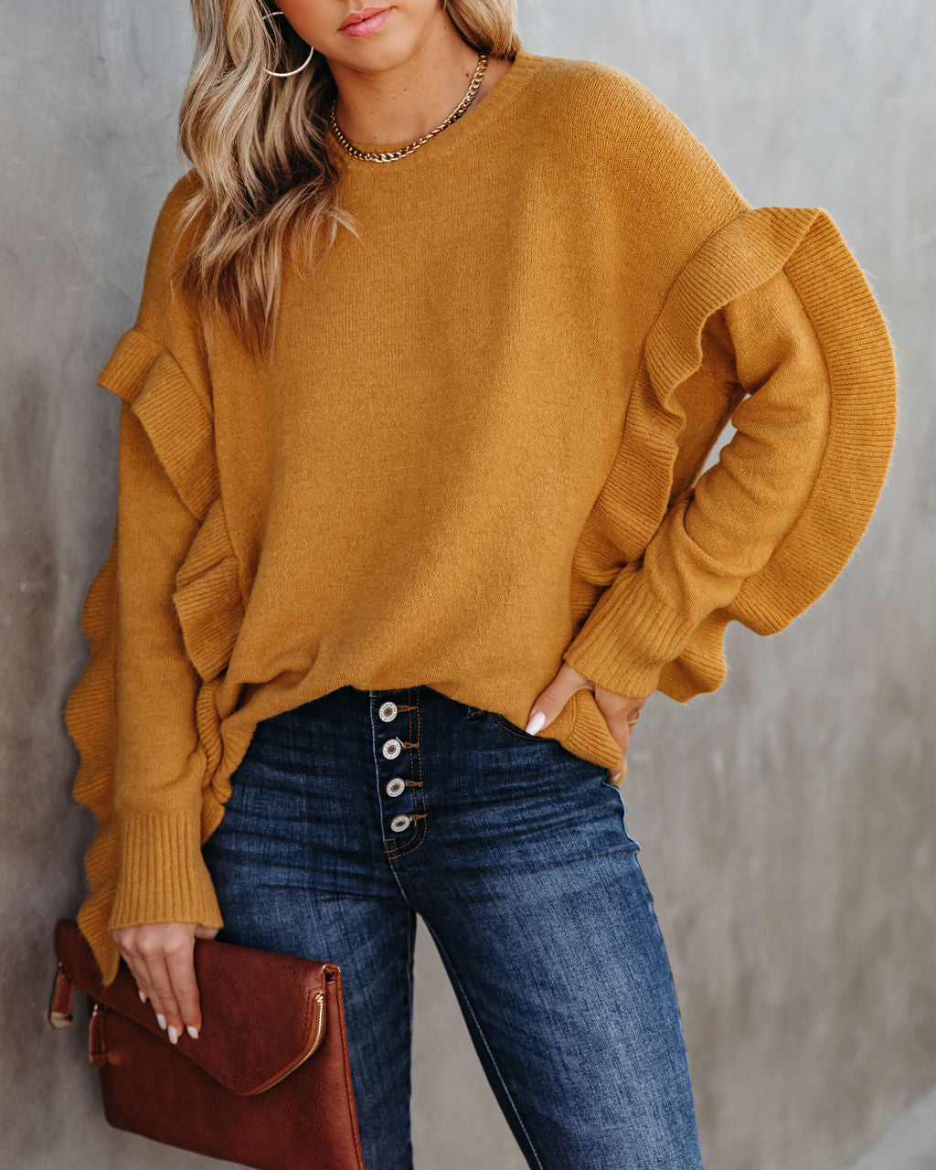 Charleston Ruffle Knit Sweater - Mustard - FINAL SALE