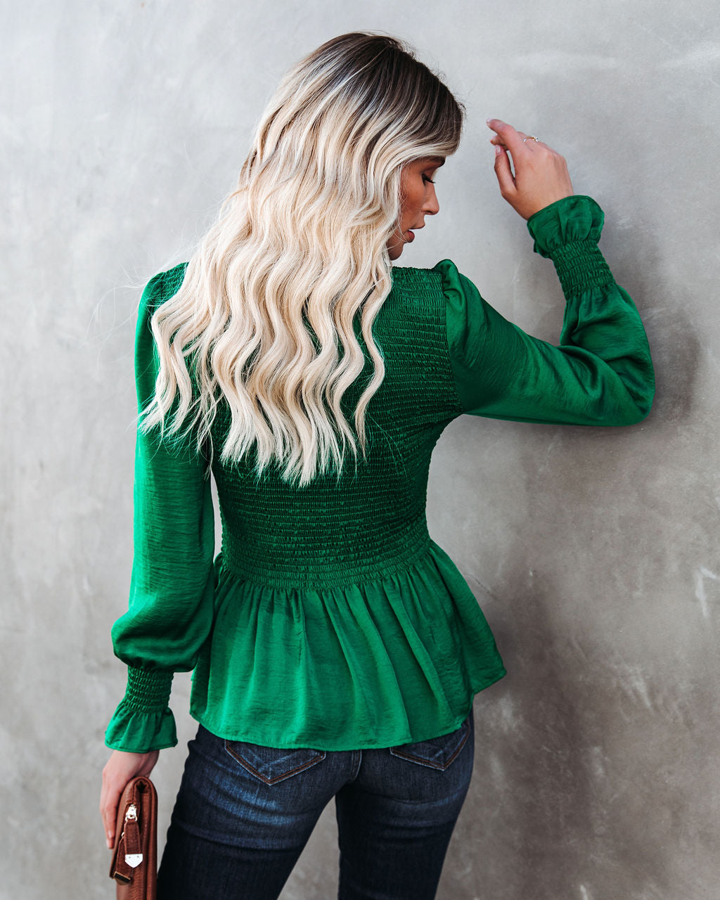 Down To Business Smocked Blouse - Emerald