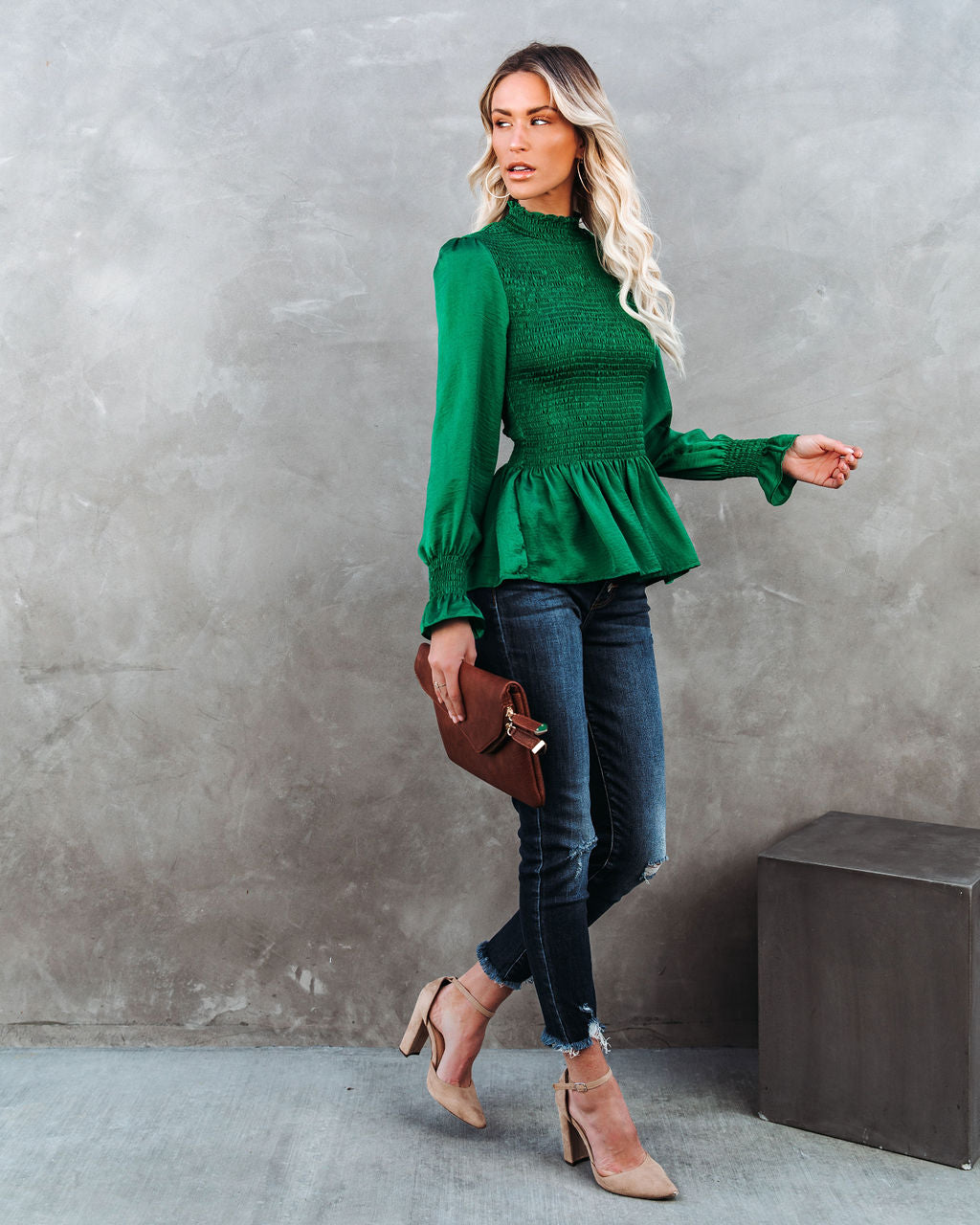 Down To Business Smocked Blouse - Emerald