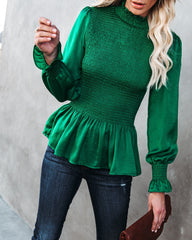 Down To Business Smocked Blouse - Emerald