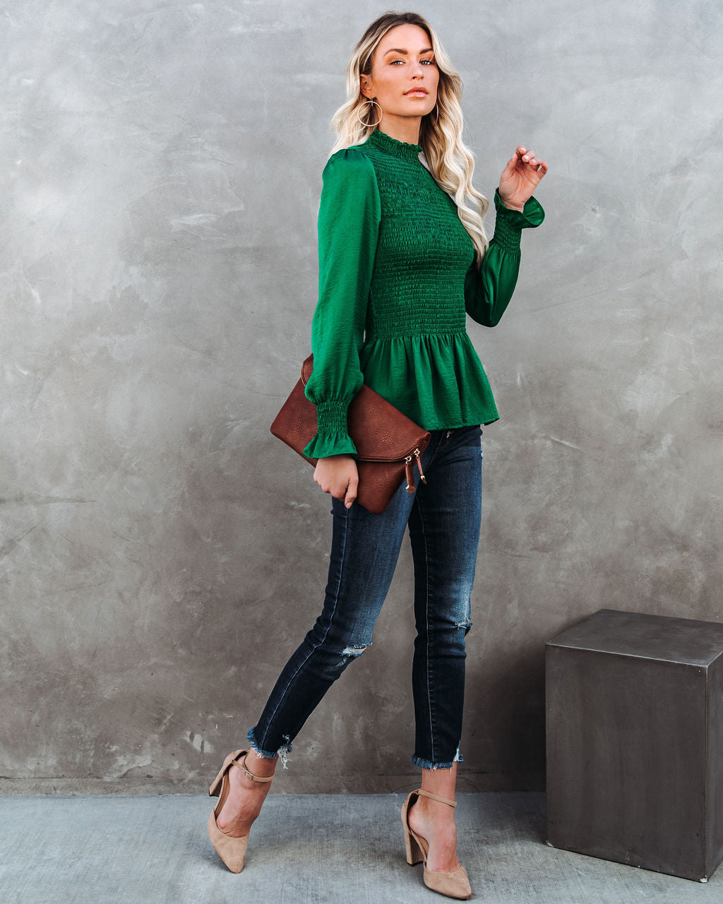 Down To Business Smocked Blouse - Emerald