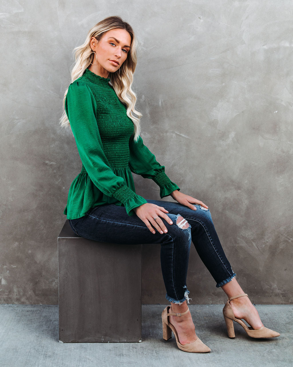 Down To Business Smocked Blouse - Emerald