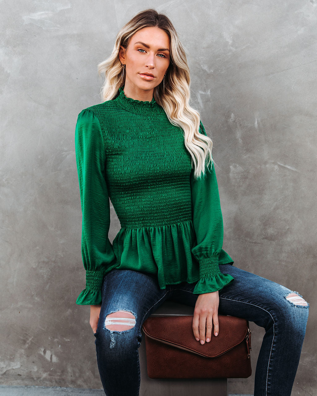 Down To Business Smocked Blouse - Emerald