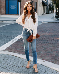 Attention To Detail Button Down Tie Blouse - White - FINAL SALE