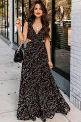 Charlotta Floral Ruffle Cutout Maxi Dress - Black - FINAL SALE