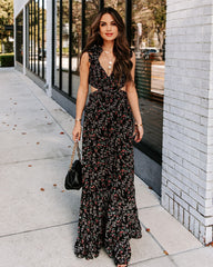 Charlotta Floral Ruffle Cutout Maxi Dress - Black - FINAL SALE