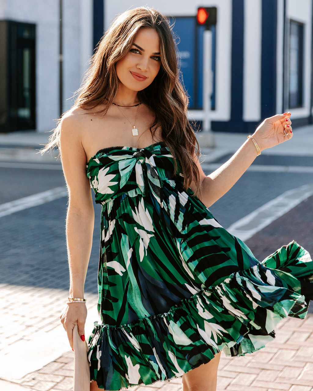 Hosta Leaf Strapless Tie Front Babydoll Dress