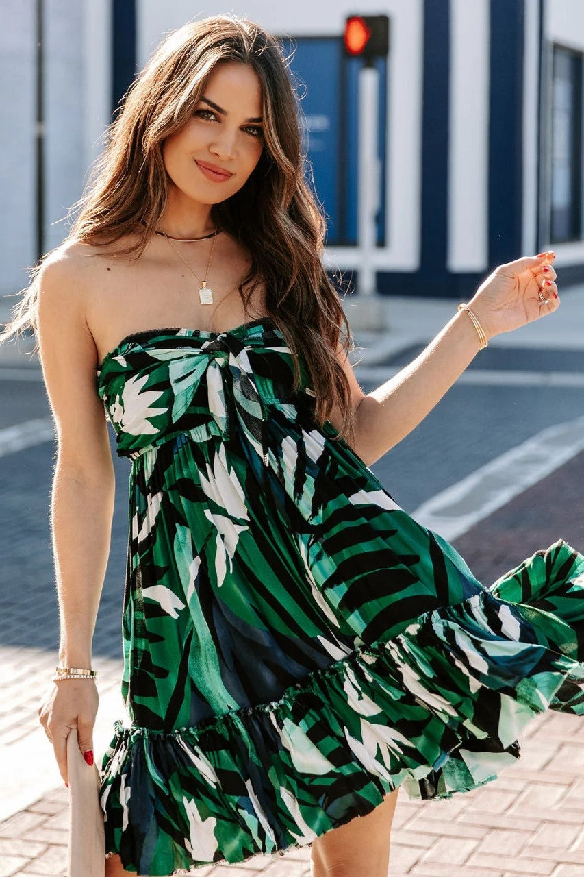 Hosta Leaf Strapless Tie Front Babydoll Dress