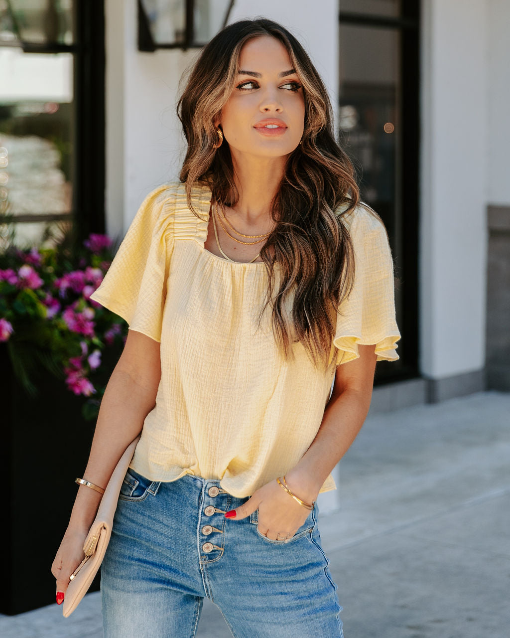 Ariana Cotton Square Neck Top - Lemon