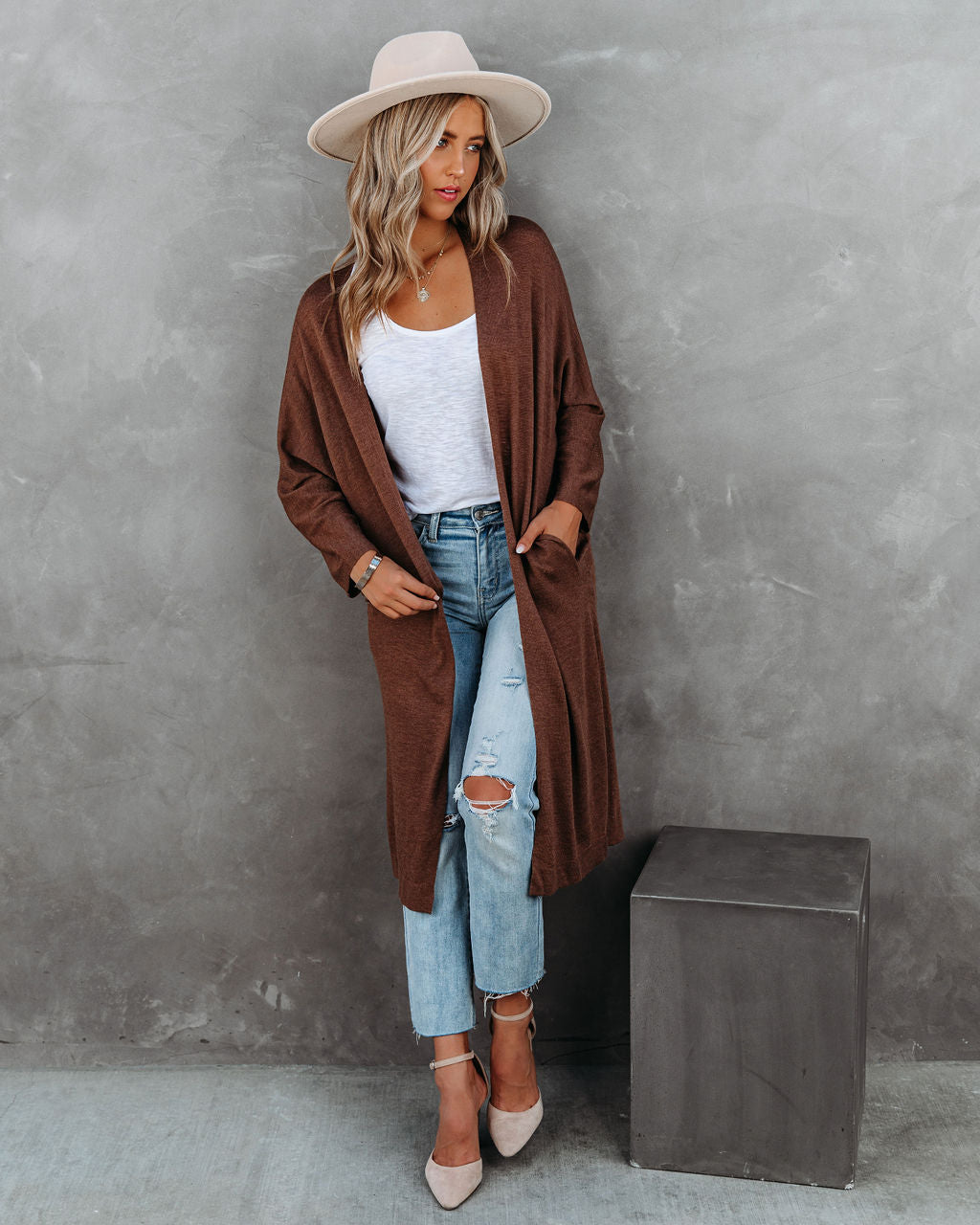 Elsa Pocketed Duster Cardigan - Brown