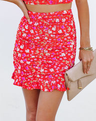 Fiery Floral Ruched Mini Skirt