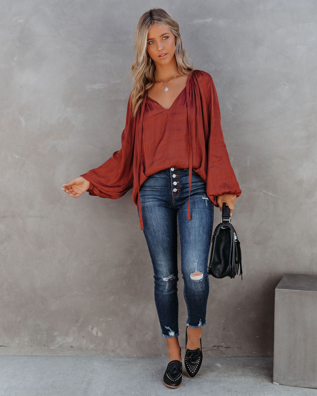 Harrow Satin Split Neck Blouse - Burgundy