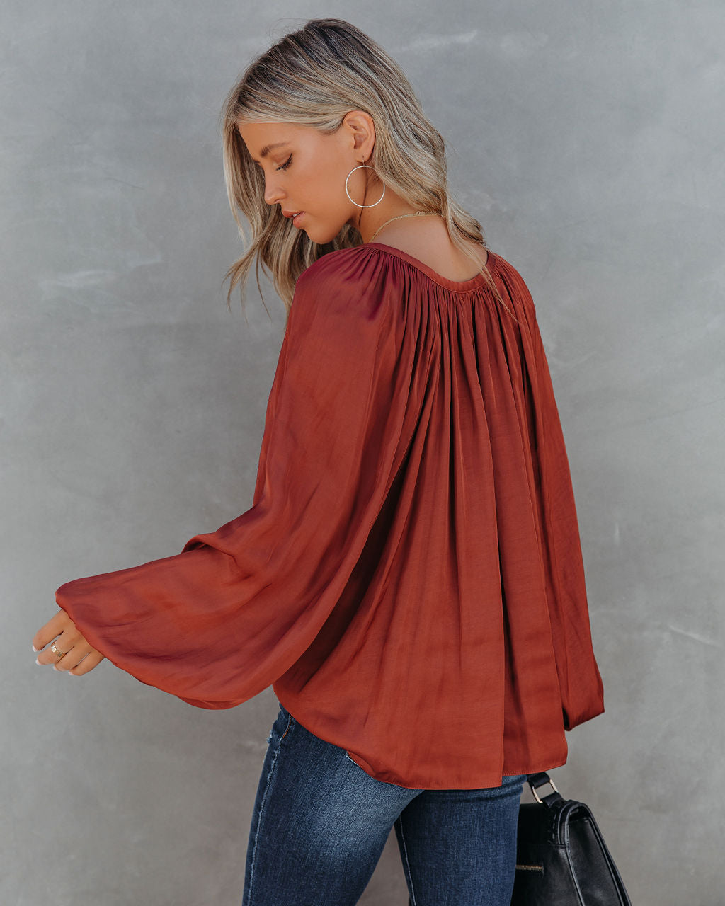 Harrow Satin Split Neck Blouse - Burgundy