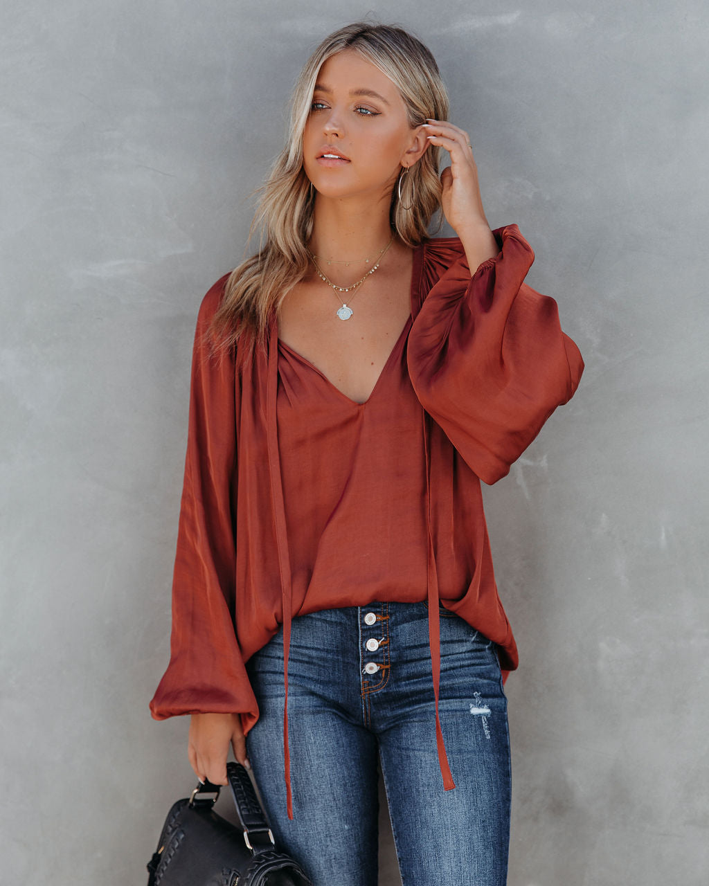 Harrow Satin Split Neck Blouse - Burgundy