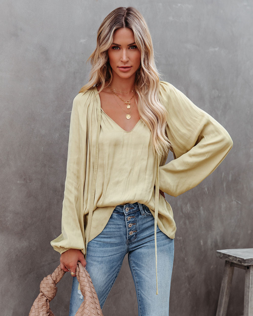 Harrow Satin Split Neck Blouse - Olive