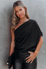 Janay Satin One Shoulder Drape Blouse - Black